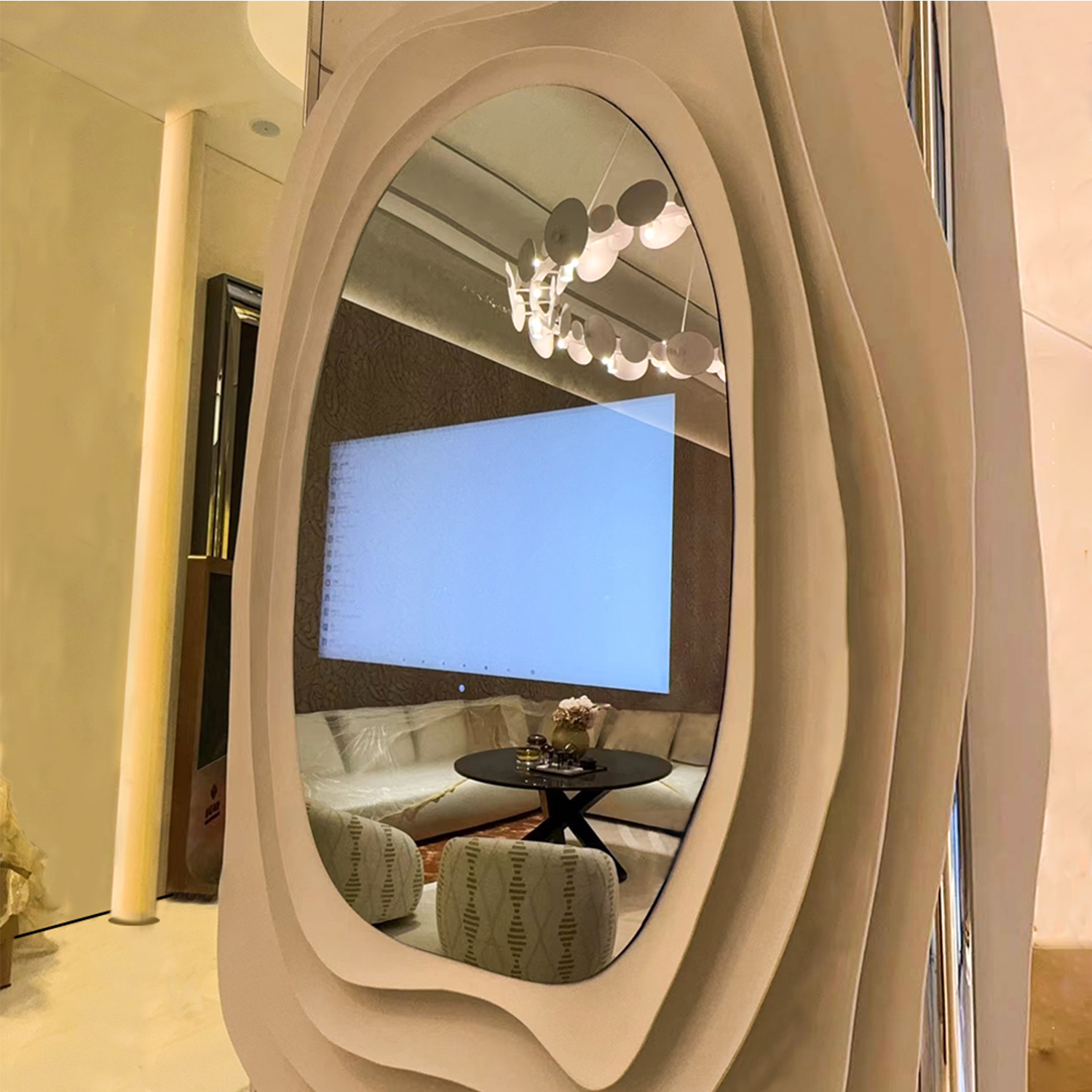 <p>Size: 1148 * 1826mm </p><p>Screen size: 42 inches </p><p>Usage scenario: Sales department Magic Mirror </p><p>Details: Exclusive customization service, turn your creativity into reality - irregular shapes break through conventional boundaries. When silent, it becomes a wall art piece, and when lit up, it immediately transforms into a smart TV, a dual-purpose mirror, allowing the atmosphere of the space to switch freely.</p>