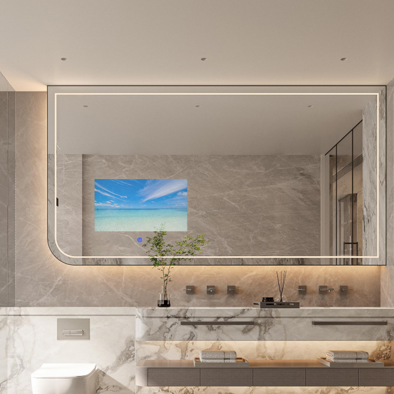 <p>Size: 2250 * 1380mm </p><p>Screen size: 32 inches </p><p>Usage scenario: washbasin Magic Mirror </p><p>Details: The bathtub is located on the left side of the bathroom, and the Magic Mirror TV adaptability is designed in the lower left corner of the mirror surface, paired with a hidden wall bracket for quick installation and space coordination.</p>